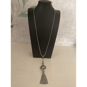 Vera Wang Silver Long Chain Necklace With Tassel Pendant & Bead Accents